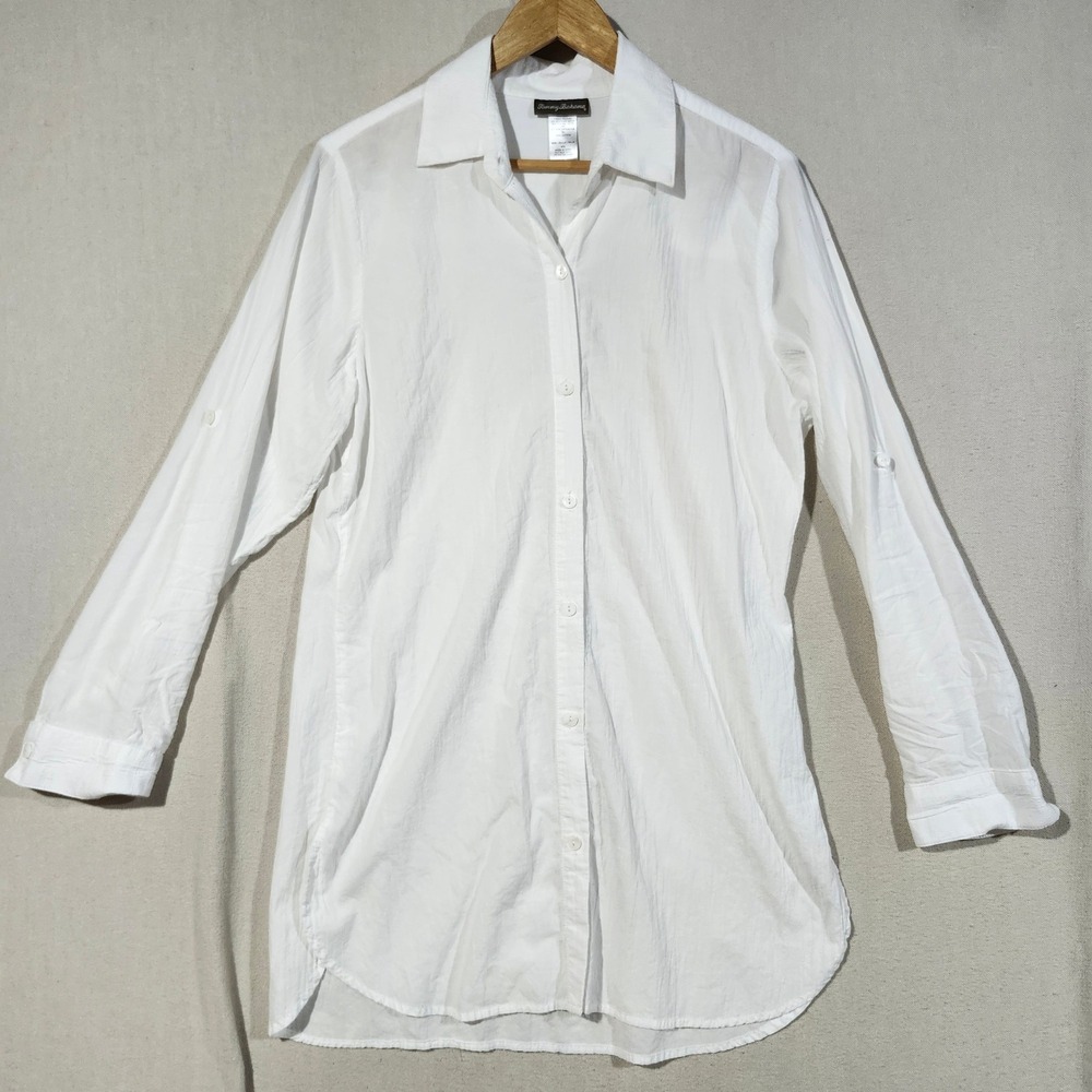 Tommy Bahama Womens White Cotton Roll Tab Sleeve Tunic Shirt Size M Lightweight